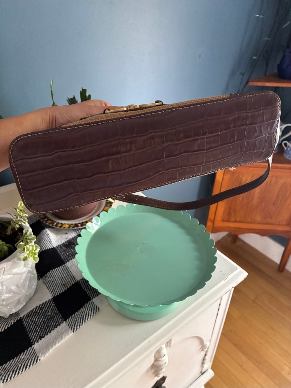 Vintage Etienne Aigner Handbag Straw/Burlap Faux Croc Trimmed Shoulder Bag - Picture 7 of 8